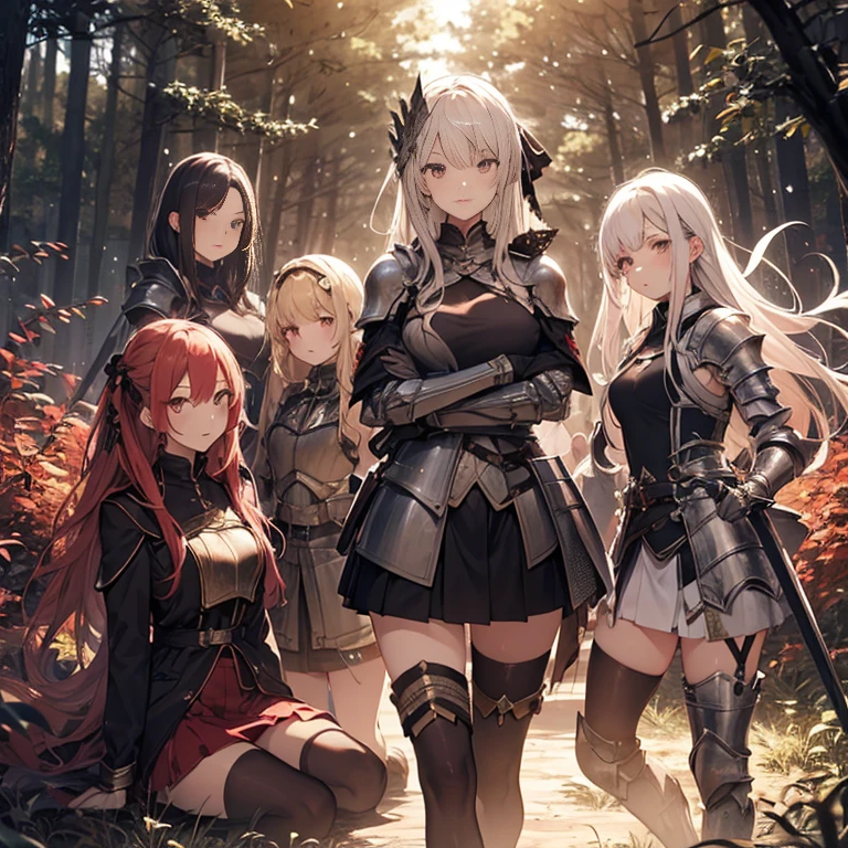 A group of female knights, (in forest), various hair styles, harem, wearing armored clothes, metal armor, night, details face, short skirt, seducing, sword,