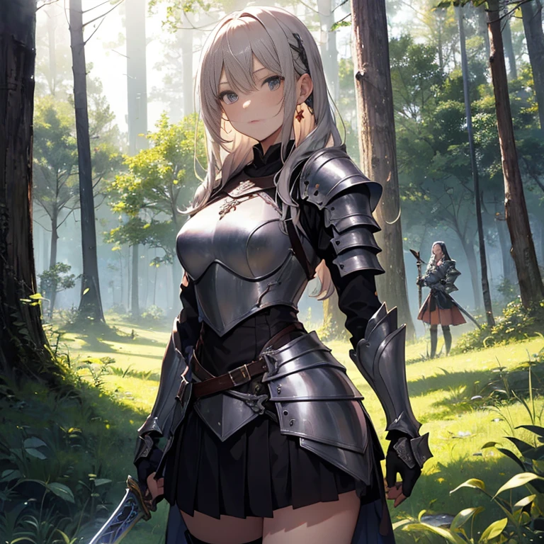 A group of female knight, (in forest), various hair styles, harem, wearing armored clothes, metal armor, night, details face, , short skirt, seducing, sword