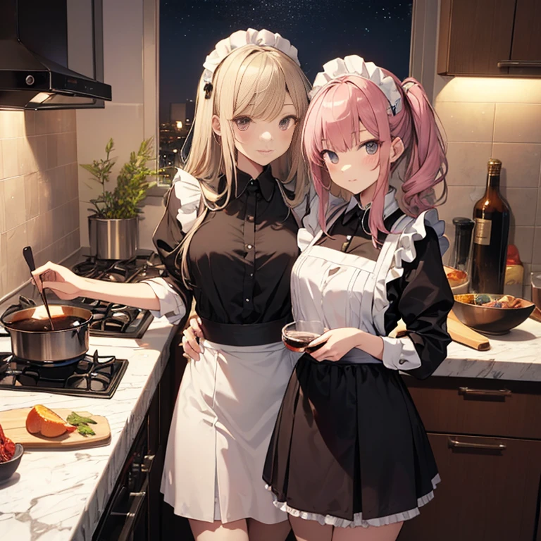 highest quality、masterpiece、((2 women:1.5))、((smile:1.3))、(blush:1.3)、Black Shirt、blouse、((fun!!))、(Small breasts)、()、Blonde、(Long sleeve)、((White apron:1.5))、((Maid))、((hair ornaments)),、Kamimei、look at me、 ((in house:1.5))、 Taking a break from watching the audience、Cowboy Shot、(Skirt lift:1.3),(Highly detailed pink striped panties:1.3)、(Highly detailed panties:1.3)、、(スカート that rolls up:1.3)、(Panties fully exposed:1.5)、Light blue eyes、long hair、Glowing Eyes