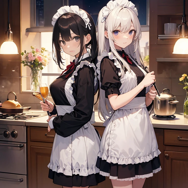 A group of  maids, (in kitchen), various hair styles, harem, wearing maid clothes, night, details face, short skirt, seducing,