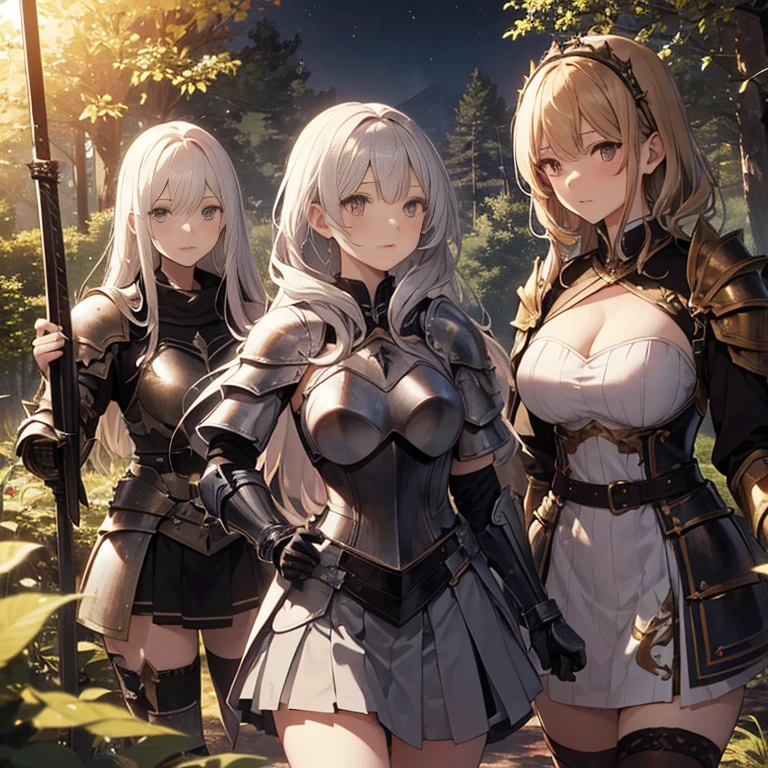 A group of female knights, (in forest), various hair styles, harem, wearing armored clothes, metal armor, night, details face, short skirt, seducing, sword,