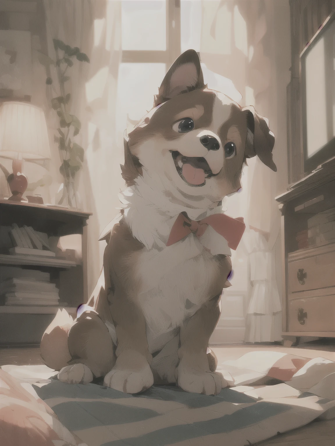 best quality, (masterpiece:1.2), best quality, PIXIV, cute dog, bolognese, brown fur, red bow necktie, living room backdrop, playful