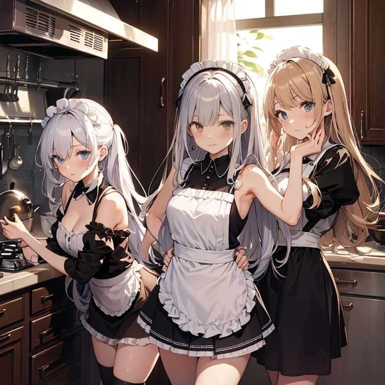 A group of maids, (in kitchen), various hair styles, harem, wearing maid clothes, night, details face, short skirt, seducing, armpits