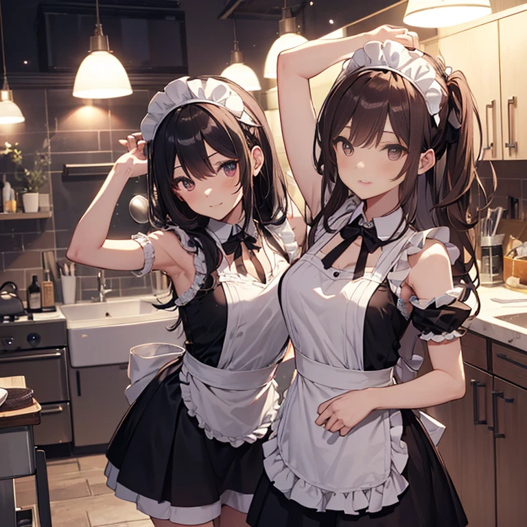 A group of  maids, (in kitchen), various hair styles, harem, wearing maid clothes, night, details face, short skirt, seducing, armpits 