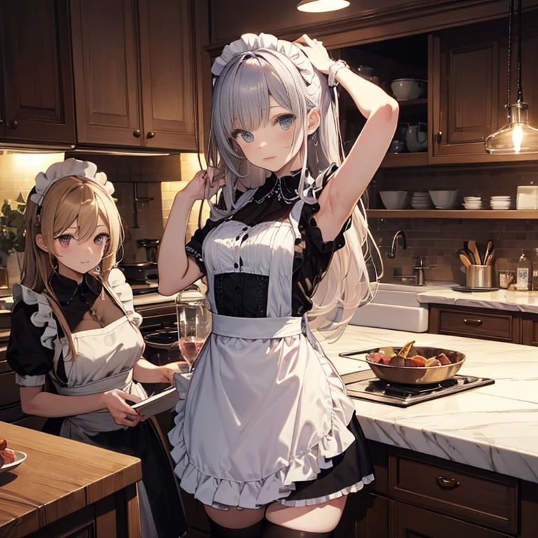 A group of maids, (in kitchen), various hair styles, harem, wearing maid clothes, night, details face, short skirt, seducing, armpits