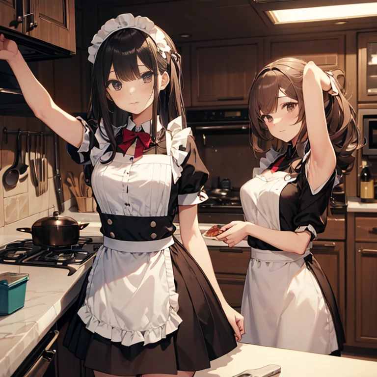 A group of maids, (in kitchen), various hair styles, harem, wearing maid clothes, night, details face, short skirt, seducing, armpits