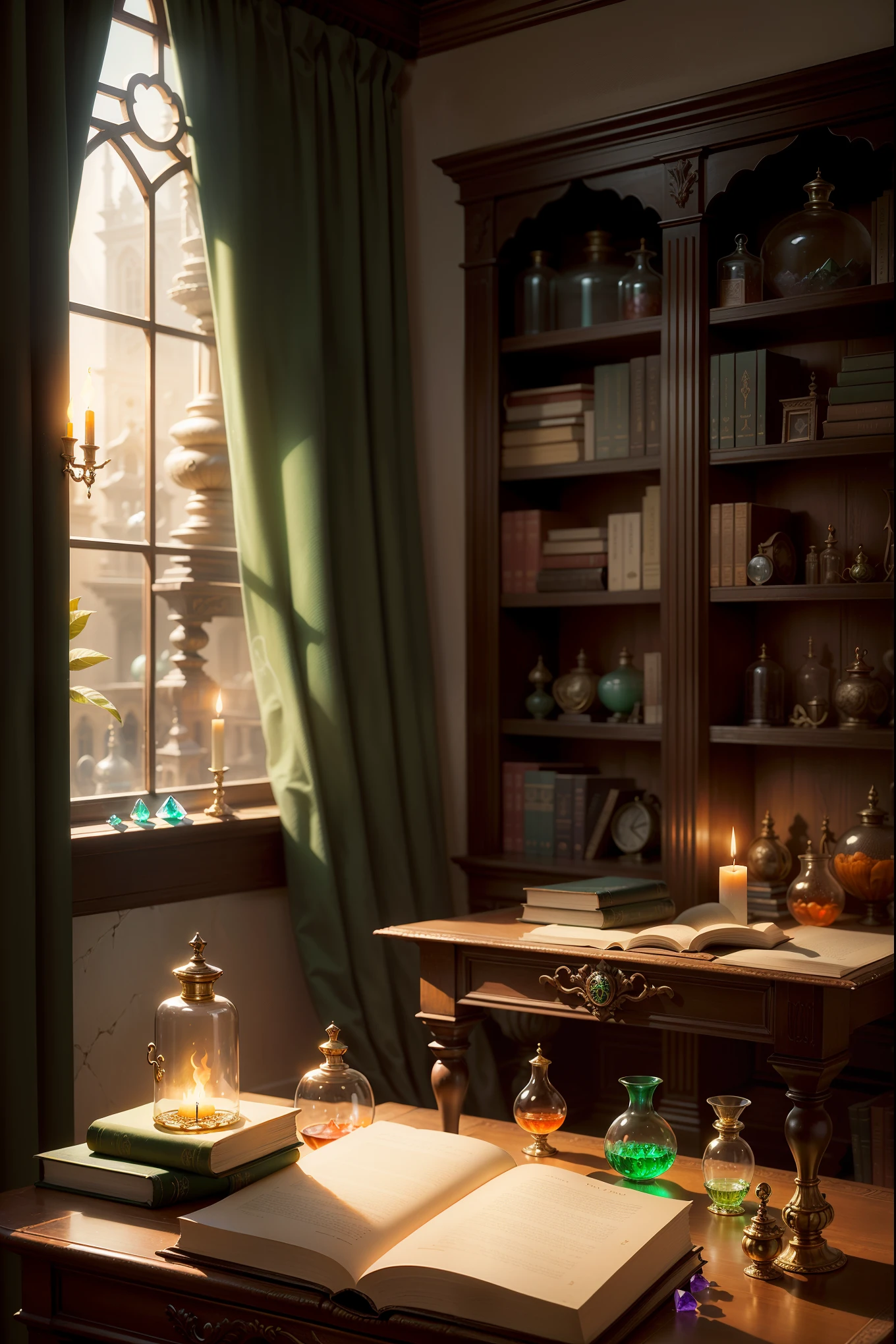 A large medieval library, large windows, lots of light ((bright room)), (green) heavy, long fabric curtains (velvet), a massive desk, glass flasks ((Unusual potions, colored glass)), a glass bottle with a wooden stopper (orange liquid inside), (crystals) , a book on alchemy, a burning candle. Magical atmosphere, fantasy art