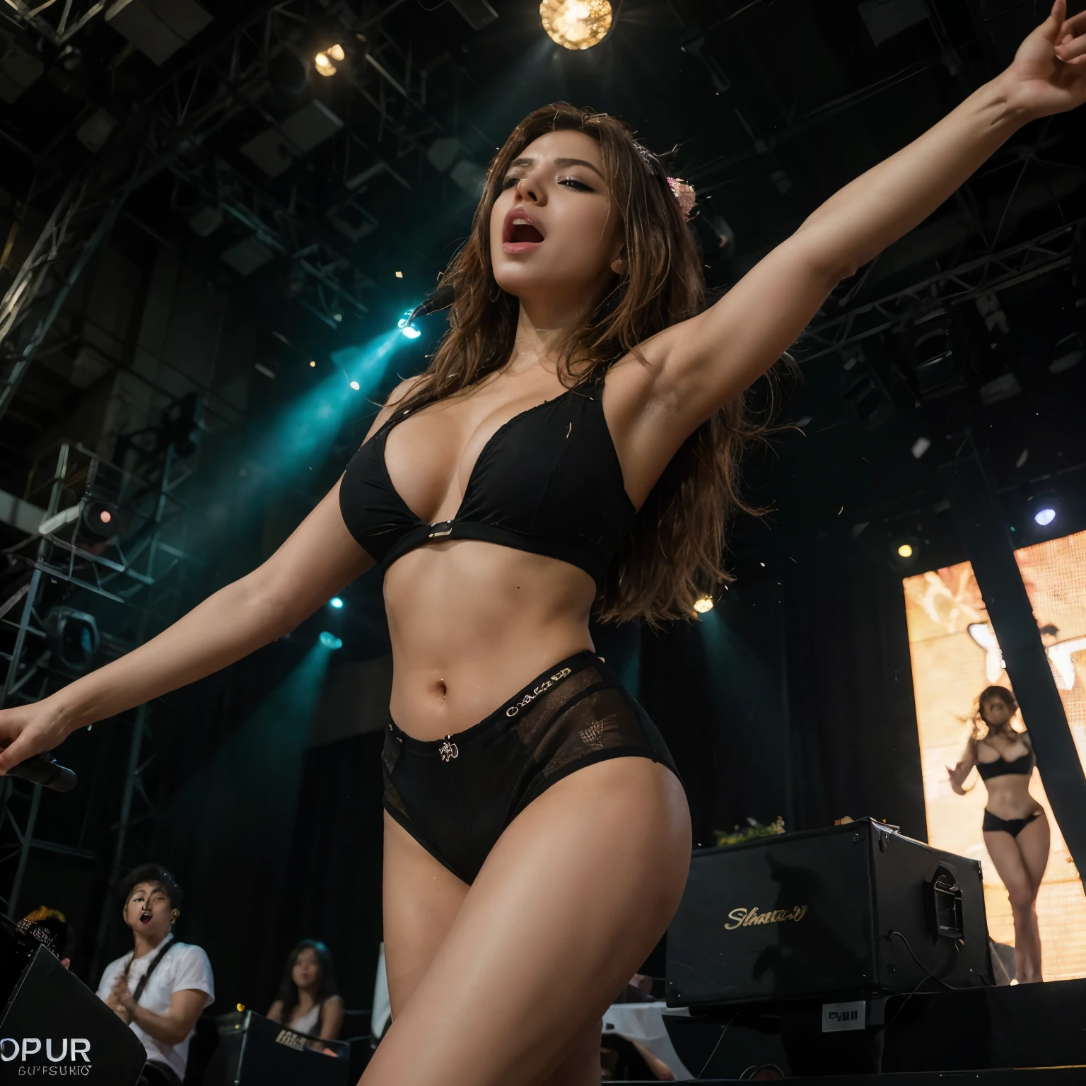 (A young and beautiful woman、Topアイドルグループのセンター、Top Of The Top)、(cowboy shot:1.1)、(mouth wide open:1.55)、(Half eyes closed:1.4)、(reach sexual climax:1.55)、(legs spread wide)、Topアイドルグループのコンサートステージ、amazing performance、A packed stadium crowd、Vivid lighting effects、Dynamic dance moves、Captivating Music、Multiple LED Screens、intense energy、Synchronized choreography、festive atmosphere、Gorgeous and erotic pink stage costume inspired by Succubus、Highly anticipated show 、Thunderous applause、Extremely excited fans、Spectacular visual effects、Uplifting music beats、stage fog、Passionate singing、芸術的にデTheインされた小道具、Breathtaking stage setup、electric atmosphere、Confetti explosion、adrenaline rush、sense of oneness、A memorable concert experience、 (highest quality、4k、8k、high resolution、masterpiece: 1.2)、Super detailed、(real、photorealistic、photorealistic: 1.37)、concert photography、Energetic performance、Bright colors、lively atmosphere、Professional Production、perfect execution、Captivating stage presence、Huge stage expansion、Dazzling spotlights、Euphoric atmosphere、Immersive Sound System、Strategic Stage Layout、Artistic dance formation、Innovative Stage Effects、High Energy Entertainment、Life-size experience