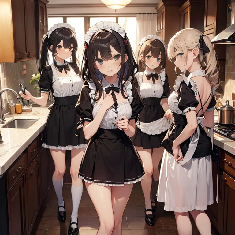 A group of maids, (in kitchen), various hair styles, harem, wearing maid clothes, night, details face, short skirt, seducing