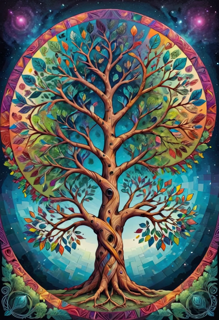 giant geometric shape, colorful tree of life, geometric art, symmetrical, concept art, HDR, centered composition, high contrast, Zentangle . masterpiece, best quality, very aesthetic, absurdres, otclillsn