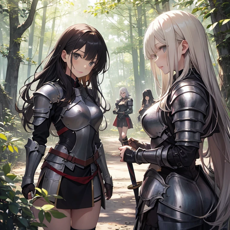 A group of female knights, (in forest), various hair styles, harem, wearing armored clothes, metal armor, night, details face, short skirt, seducing, sword,