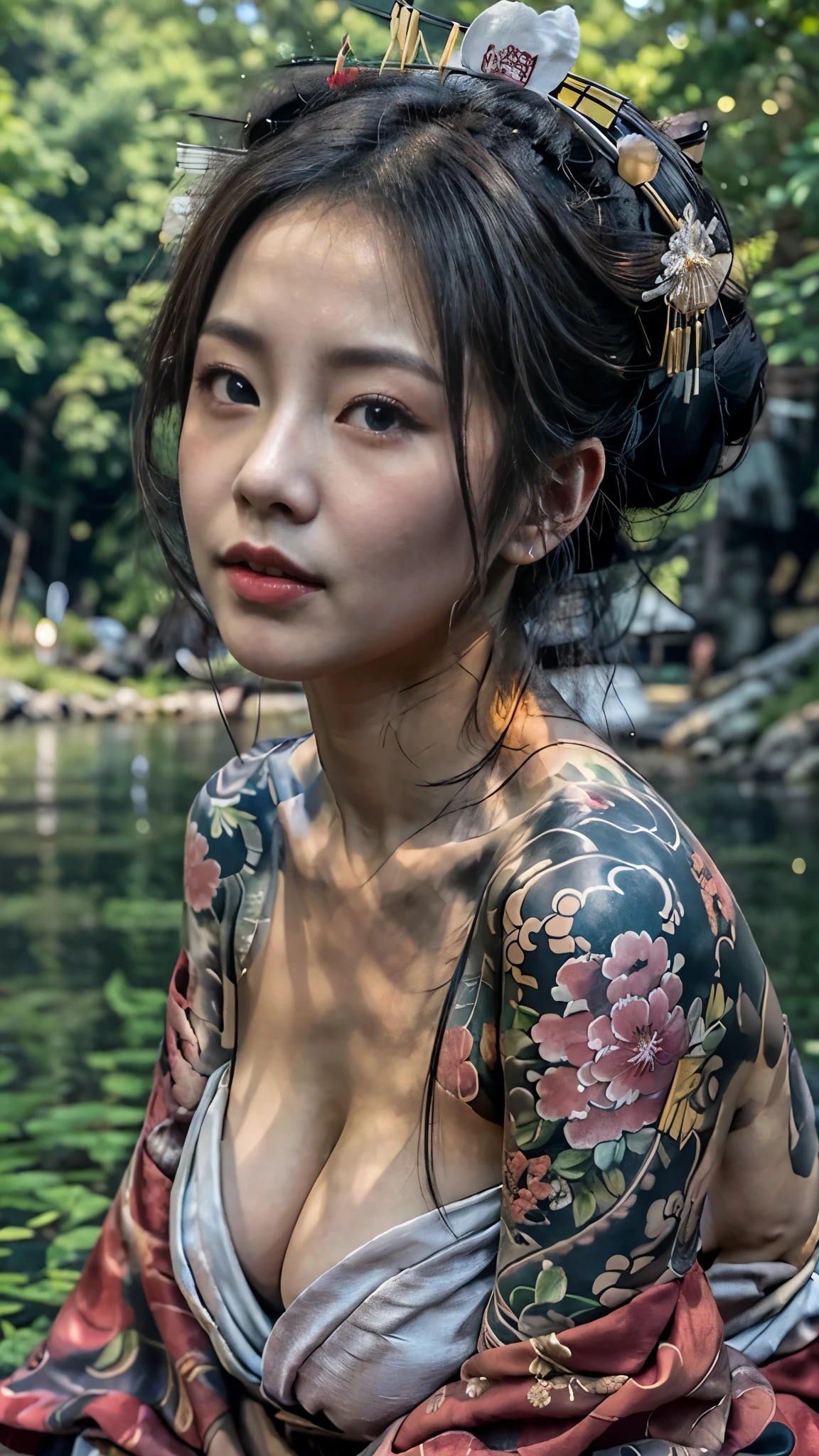 8k, high res, HQ, UHD, (photorealistic:1.4), masterpiece, hyper-realistic detailed photography of beautiful (young geisha:1.4), 27 years old, wear hanging down (red kimono:1.3), (soaking:1.3, hug up her breast), (in the river, waterfall, forest), slim fit body with irezumi tattoo, facing forward, huge droopy breast, sexypose, detailed body feature, proportional perfect body, sexy posture, detailed perfect hand, clear bright skin, lustly look, seductive smile, symmetricaly face, perfect face feature, detailed flawless face, perfect face with soft skinice face, Intricate detailed grey blue eyes, detailed perfect lips, a bit opened mouth, detailed japanese buns hair, traditional hair accesories, perfect composition, dynamic lighting, graceful atmosphere, blue red tones, low angle shot, seen from below, focus on face, exposed bare body, volumetric lighting, photon mapping