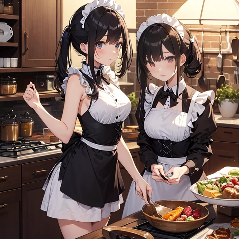 A group of maids, (in kitchen), various hair styles, harem, wearing maid clothes, night, details face, short skirt, seducing, sleeveless