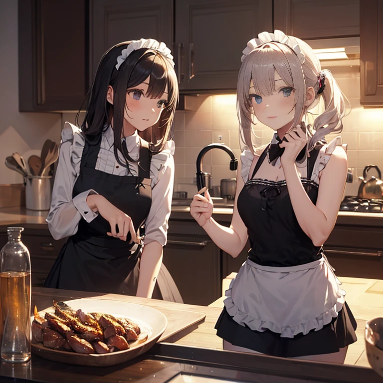 A group of maids, (in kitchen), various hair styles, harem, wearing maid clothes, night, details face, short skirt, seducing, sleeveless