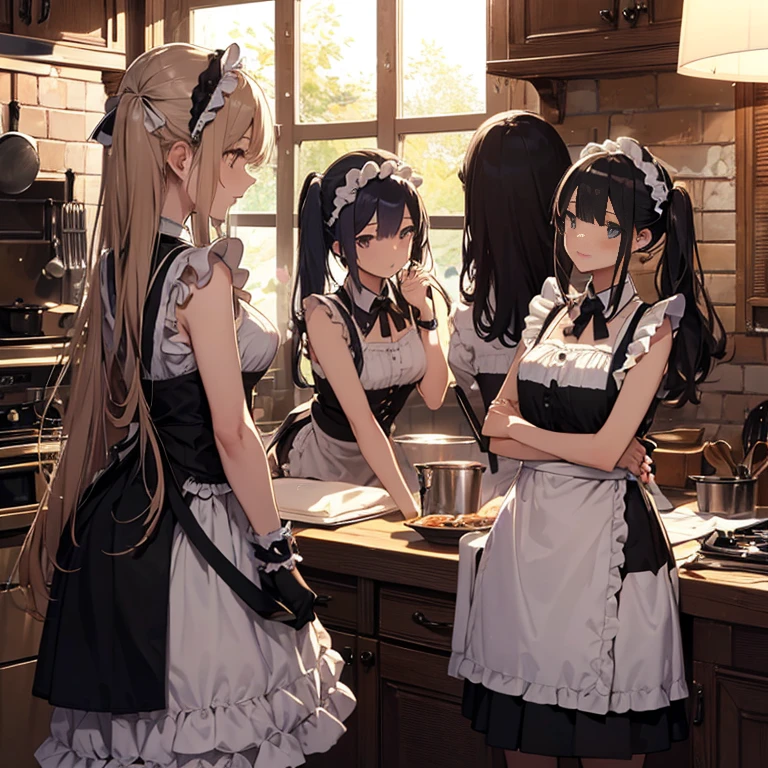 A group of  maids, (in kitchen), various hair styles, harem, wearing maid clothes, night, details face, short skirt, seducing, sleeveless 