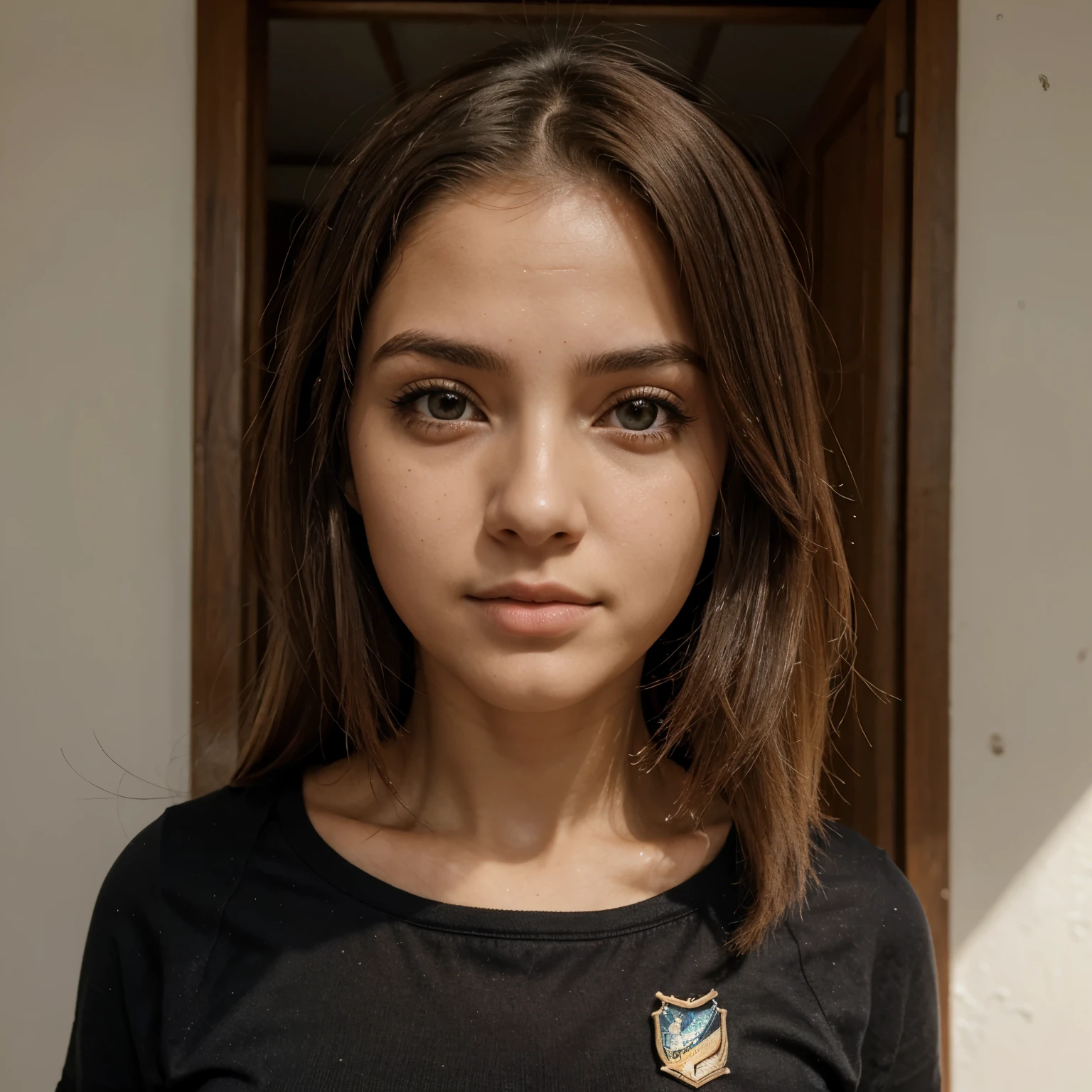 Uma garota adolescente de cabelos cacheados curtos e castanhos escuros, sardas no rosto, olhos castanhos escuros, pele branca e bruxinha