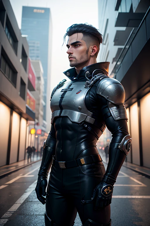 soldado entrando em uma cidade futurista, homem de pele parda, cabelos pretos, olhos castanhos, forte, rosto bonito, ambiente futurista, 3d realista