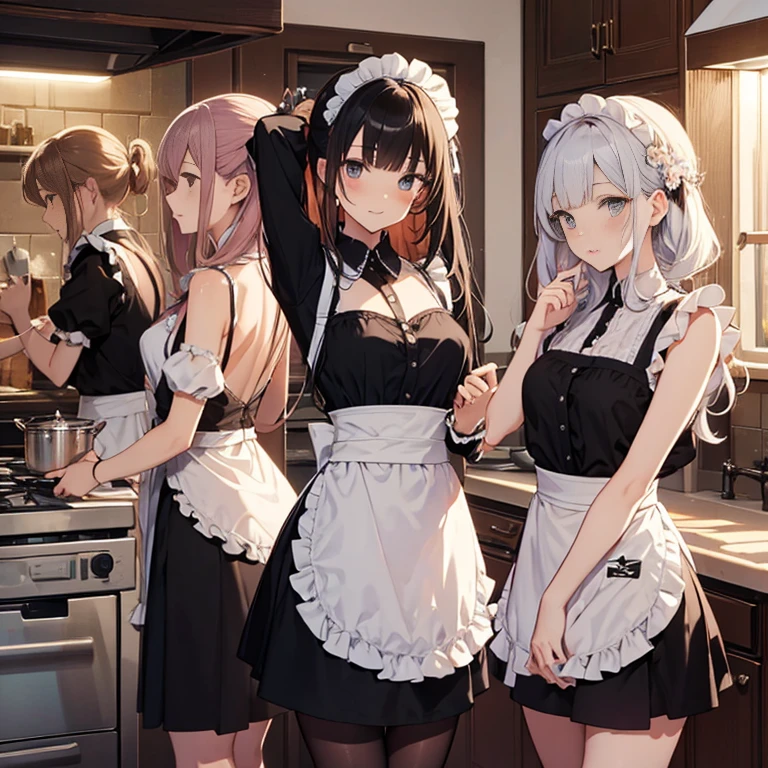 A group of maids, (in kitchen), various hair styles, harem, wearing maid clothes, night, details face, short skirt, seducing, armpits