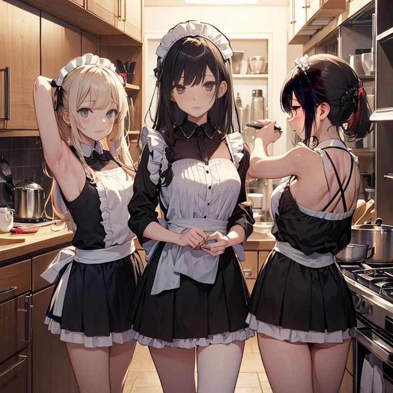 A group of  maids, (in kitchen), various hair styles, harem, wearing maid clothes, night, details face, short skirt, seducing, armpits 