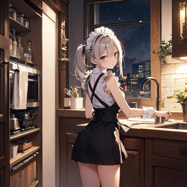 A group of  maids, (in kitchen), various hair styles, harem, wearing maid clothes, night, details face, short skirt, seducing, sleeveless 