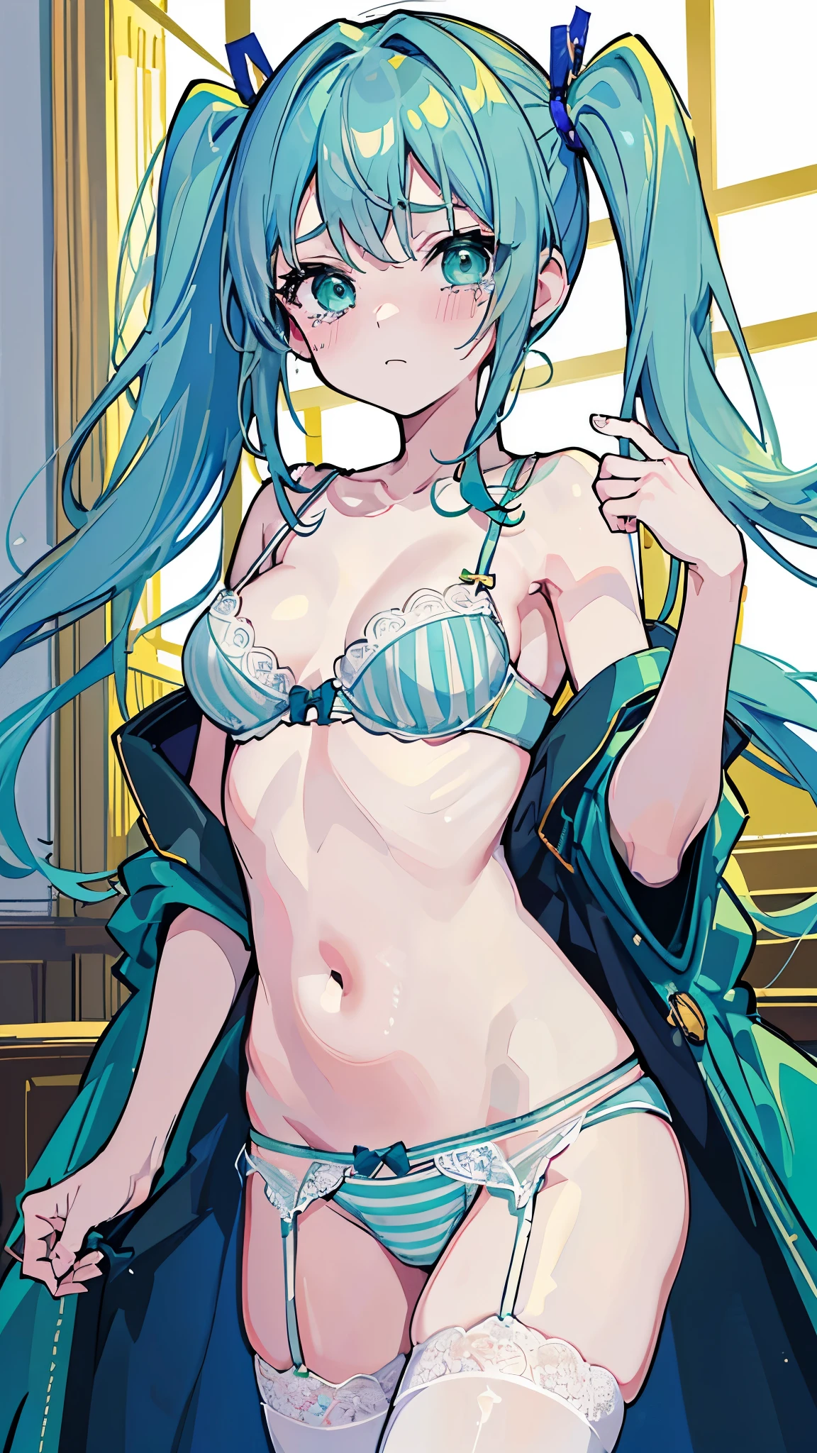 (8K、Highest image quality、highest quality、masterpiece)、detailed face、 1 girl、blue green hair、twintails、blue green eyes、blush、tears、small breasts、white brim、((blue green stripe bra))、((blue green stripe panties))、((garter straps))、cowboy shot、hide the chest、bedroom background