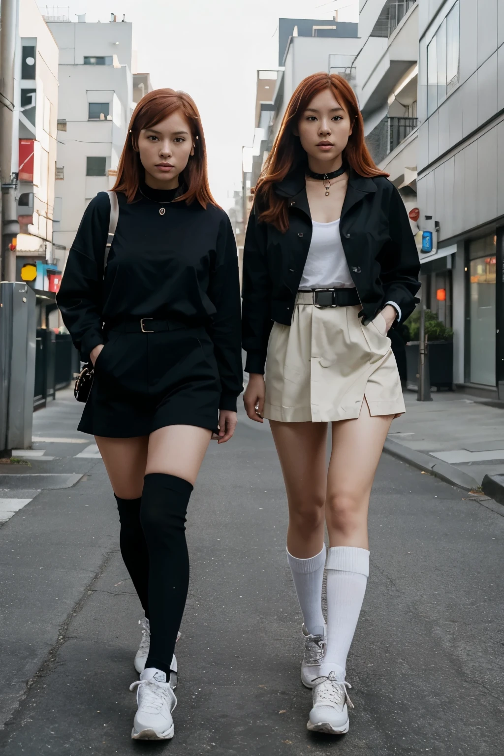 Two Sexy redhead nude japanese girls in a Girls world only walking exploration wearing only Black over-the-knee socks, sneakers and a dog collar.