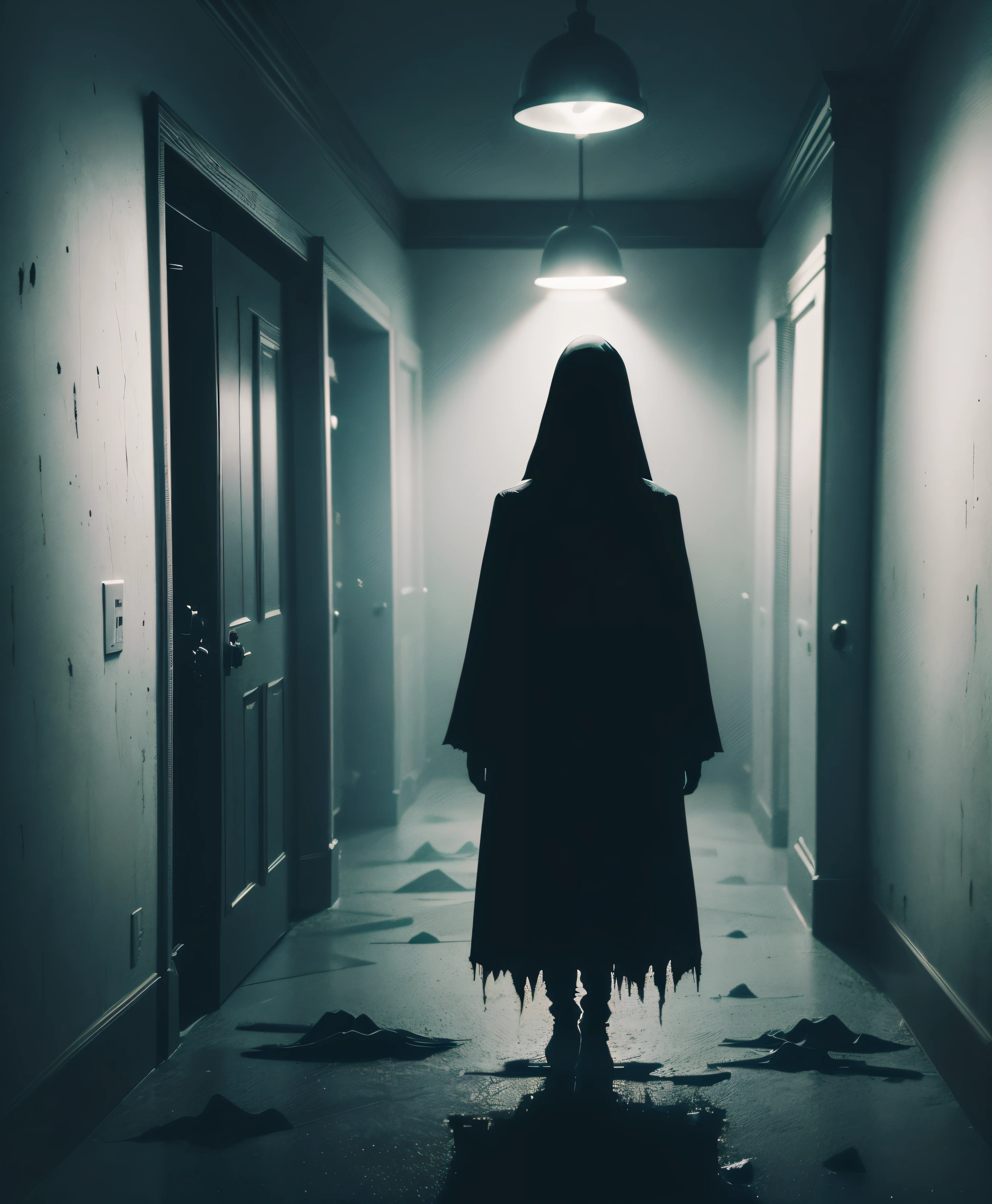 a scene from&#39;horreur terrifiante, silhouette solitaire debout dans un espace sombre, ghostly apparitions emerging from the ombres, ambiance surrealist et inquiétante, Very detailed, photorealistic, en mettant l&#39;accent sur les textures, ombres, and light effects, qui rappelle The Grudge, Nightmare scene, surrealist [High contrast], Limited color palette, dark ombres, haunted, sinistre, figures fantomatiques