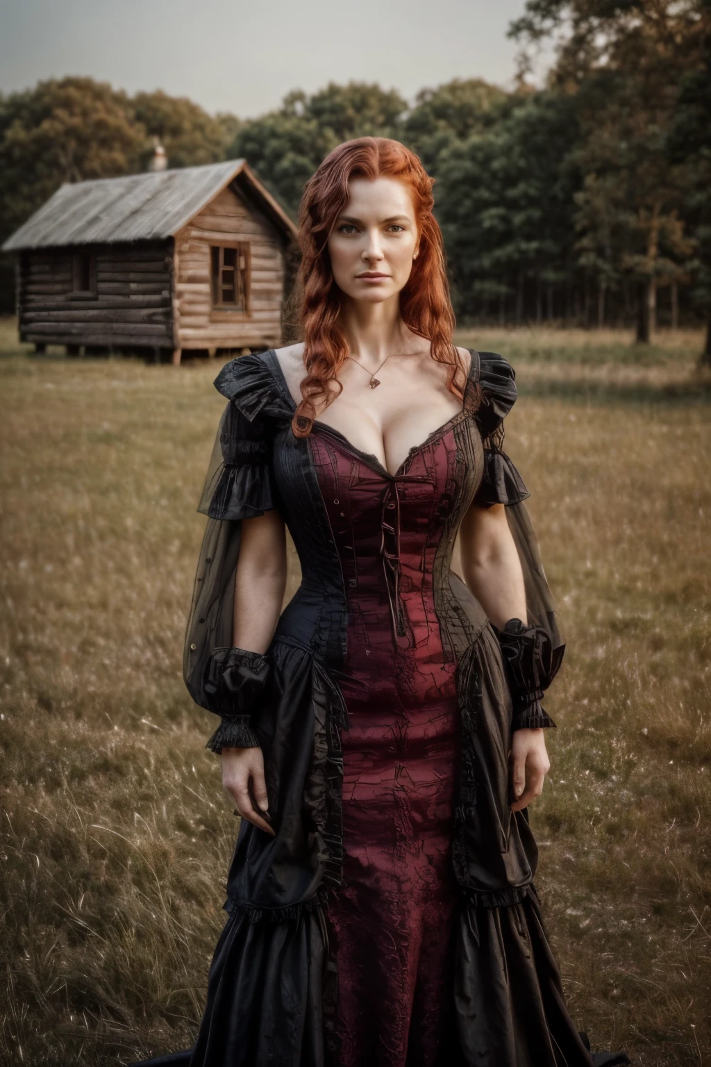 (susan sarandon:1.1)8k, highly detailed, masterpiece, portrayal of 45-year-old woman, evil face expression, ultra gigantic breasts: 1.3, Super Huge Breasts: 1.3, ultra huge cleavage: 1.3(extremely detailed face) wearing Victorian-era black and red dress (highly detailed dress), (focus on dress details), long hair, redhead, messy hair, pale skin, (slim body), huge round sagging breasts, wide neckline, (big breasts). outside night surroundings, posing standing, grass field with full moon and creepy old wood cabin in the background. Clean evil face, dress with a wide neckline, (extremely detailed), eyes with realistic texture, (highly detailed skin: 1.2), 8k HD, DSLR, dramatic lighting, shadows cast, high quality