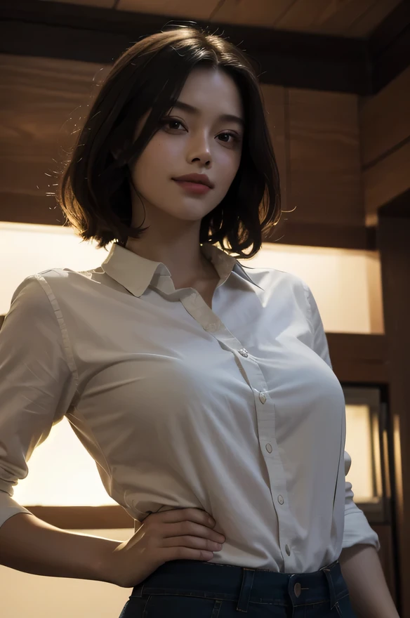 top-quality, ​masterpiece, hight resolution, 1girl in, beautiful and flawless face, Bob Layer Cut, bra very, panties on、intricate-detail, Cinematic feel, 8K, ighly detailed、hugetits、Angle from the side、up chest、beautiful expression、Full body shot、1 persons、Bright hotel bedroom with sunshine、on the beds、Futomo、Panchira、25 years old、Elegant face、You can clearly see the shape of the chest、up chest、open one's legs、Small breasts、Open your crotch、