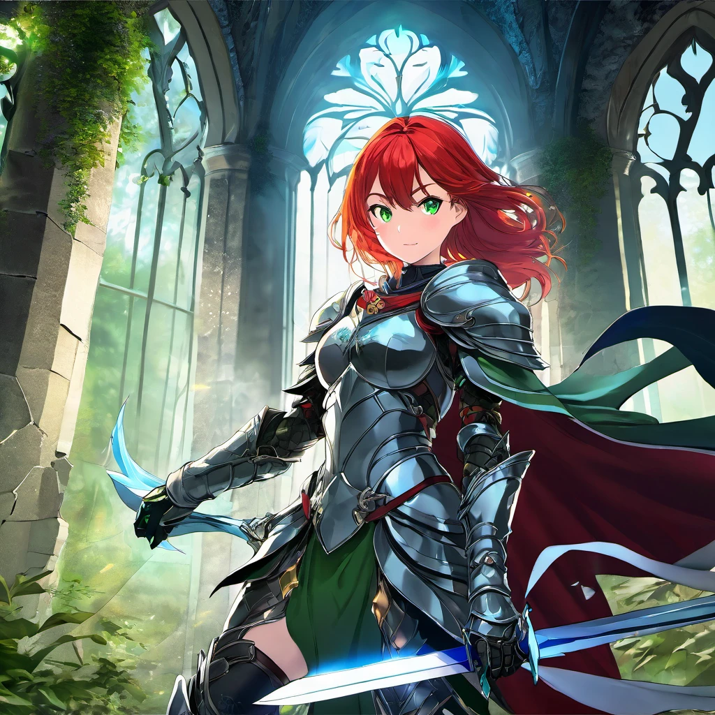 best quality,ultra-detailed,photo-realistic,anime girl knight with red hair,green eyes full body,full armor,sharp focus,detailed armor design,magical sword,heroic pose,
vivid colors,dynamic lighting,stylized background,fantasy setting,glowing effects,roaring dragon in the background,crumbling ruins,mythical creatures,enchanted forest,epic battle scene,ethereal atmosphere,majestic castle silhouette,mist and fog effects,whirling wind,sparkling magic spells,shimmering armor reflections,captivating eyes,flowing red hair,confident expression,beautifully crafted armor,ornate helmet,cloak billowing in the wind,leather gauntlets,enchanting necklace,
red gemstone accents,decorative patterns,graceful and strong physique,determination in her eyes,heroic spirit.
Note: If there are any extra tags or details that you would like to add, feel free to include them.