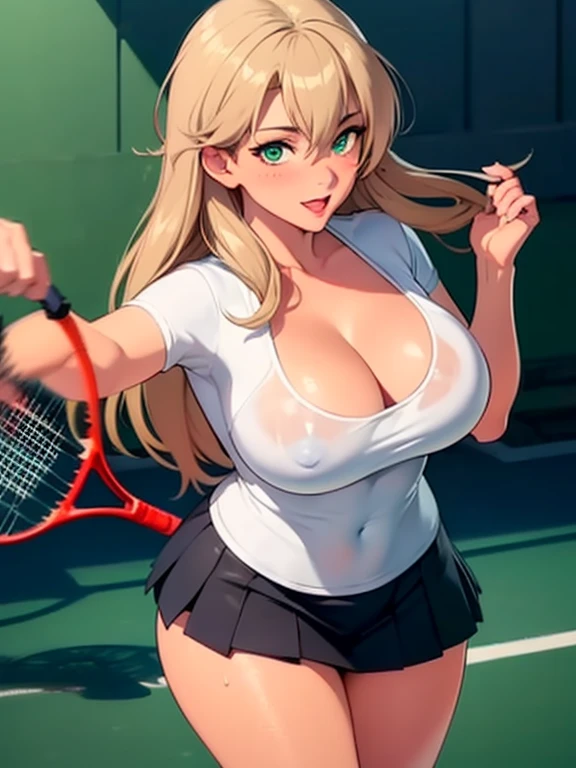((masterpiece, best quality, high resolution, UHD, pixel perfect, depth of field, 8k, RTX, HDR))cowboy shot, BREAK, very long hair, brown hair with blonde streaks, green eyes, well defined eyes, high definition eyes, eyelashes and black shadow under the eyes, blushing, high gloss eyes, looking at the viewer, showing tongue, blushing, wearing a white pleated miniskirt, miniskirt fluttering in the wind, black panties, wearing a white t-shirt, with a pronounced neckline, BREAK, oily skin, with a lot of sweat on the body, wet t-shirt, perfect anatomy, cleavage, neckline, nipples, big teats 1.7, wearing a vice on the head, BREAK, with a racket in hand, in a dynamic pose, on a court of tennis.