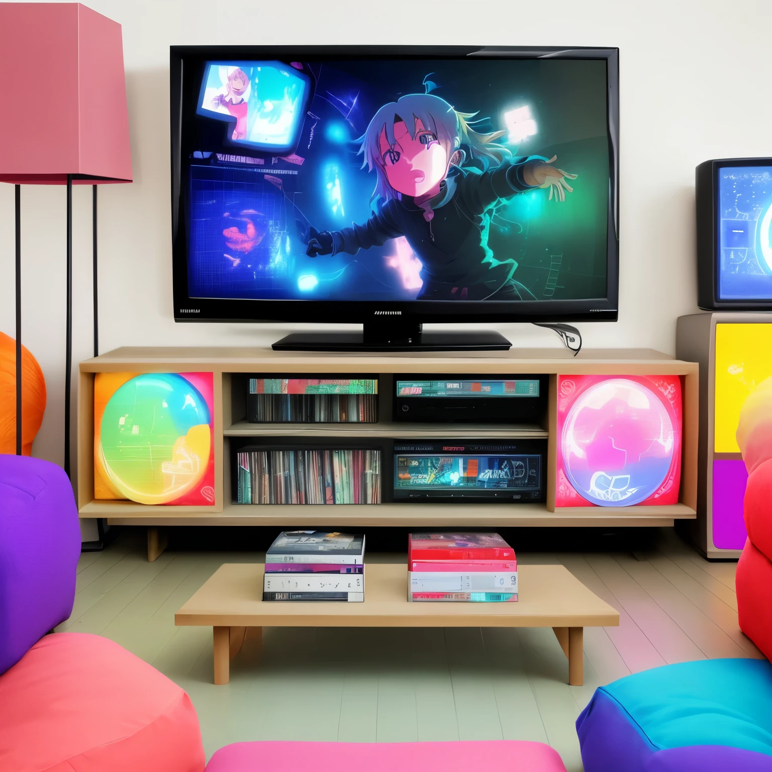 A television where characteristic images or symbols of anime are seen, full of colors and in the middle it has a text that says “ANIME TV +” 