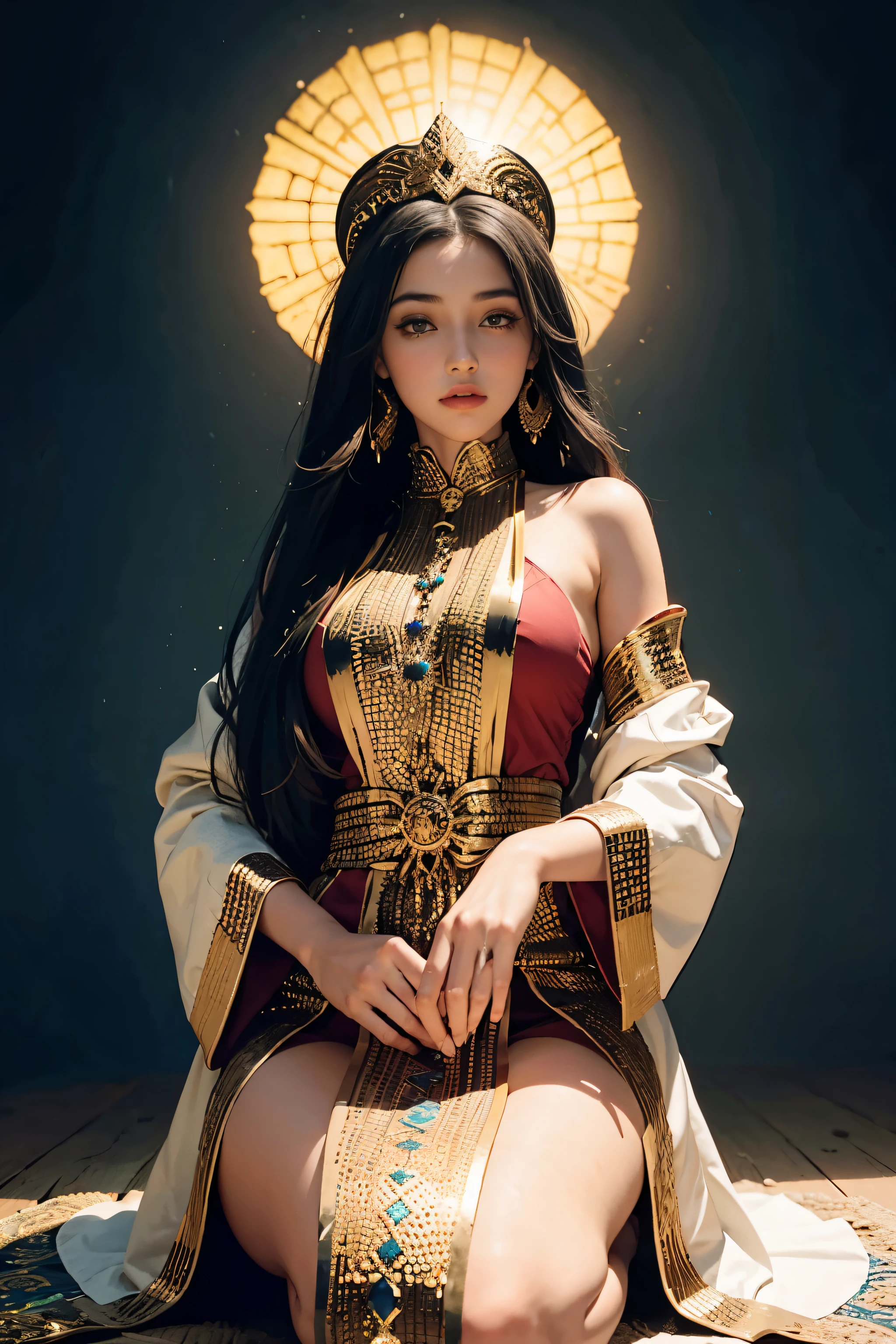 (1girl:1.3), Moroccan caftan full dress outfit moroccan city Art officiel, Unity 8k wallpaper, Ultra detailded, beautiful and aesthetic, beau, master piece, beste-Qualit, Fantastical Atmosphere, Palette apaisante, Humeur tranquille, Ombrage doux, Miko Priestess, sort de charme, talisman familier, devoirs de jeune fille du sanctuaire,