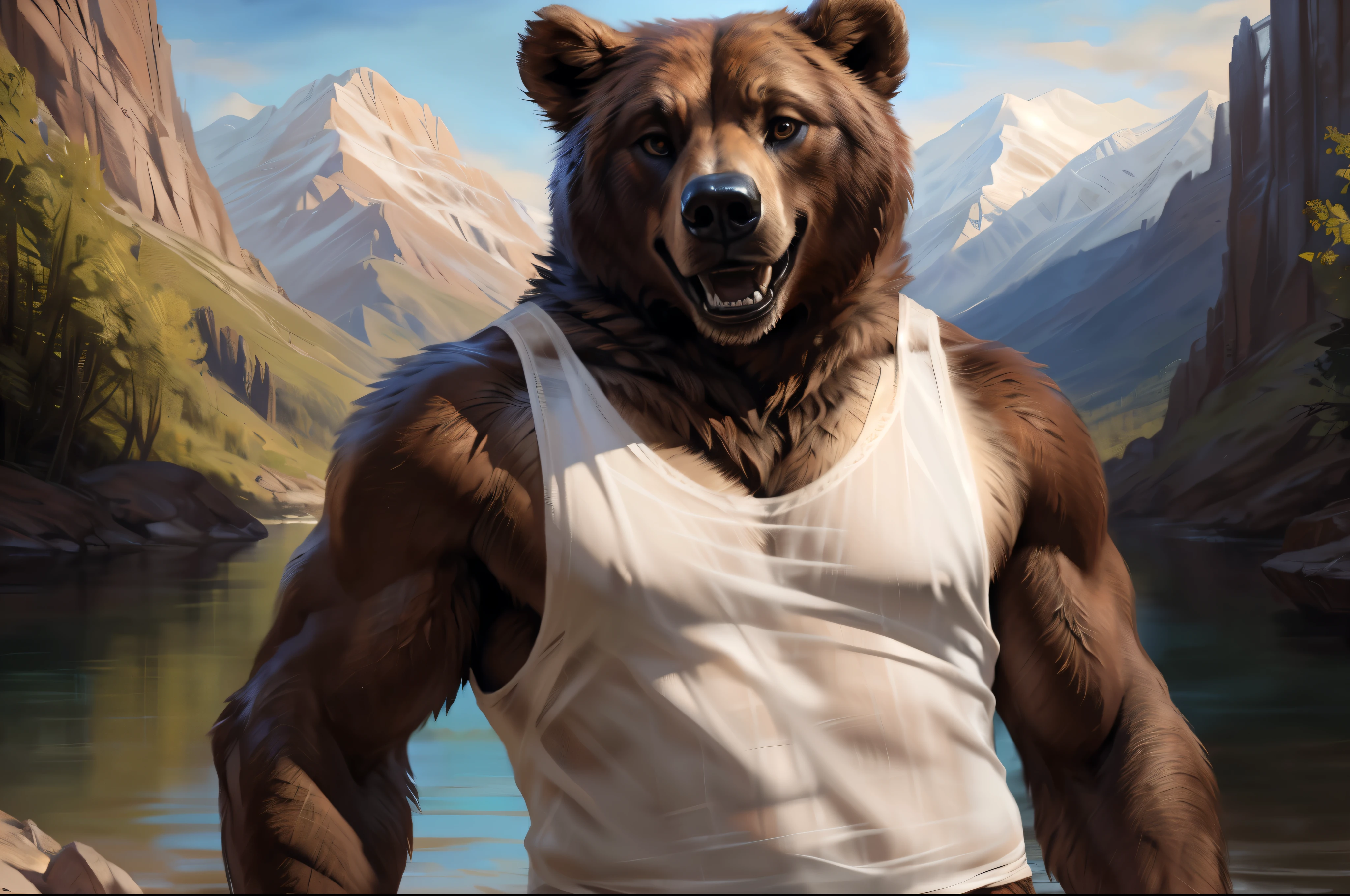4k, high resolution, best quality, perfect colors, perfect shadows, perfect lighting, portrait shot, front view, posted on e621, furry body, solo, anthro brown bear, (monotone brown fur:1.3), male, correct ???????, (photorealistic fur, detailed fur, epic, masterpiece:1.2), (by Taran Fiddler, by Chunie, by Rukis, Bonifasko lighting), detailed bear eyes, very young, cub, (white tank-top, smooth fabric textures:1.4), mountains background, looking at the camera, (standing, laughing:1.2)