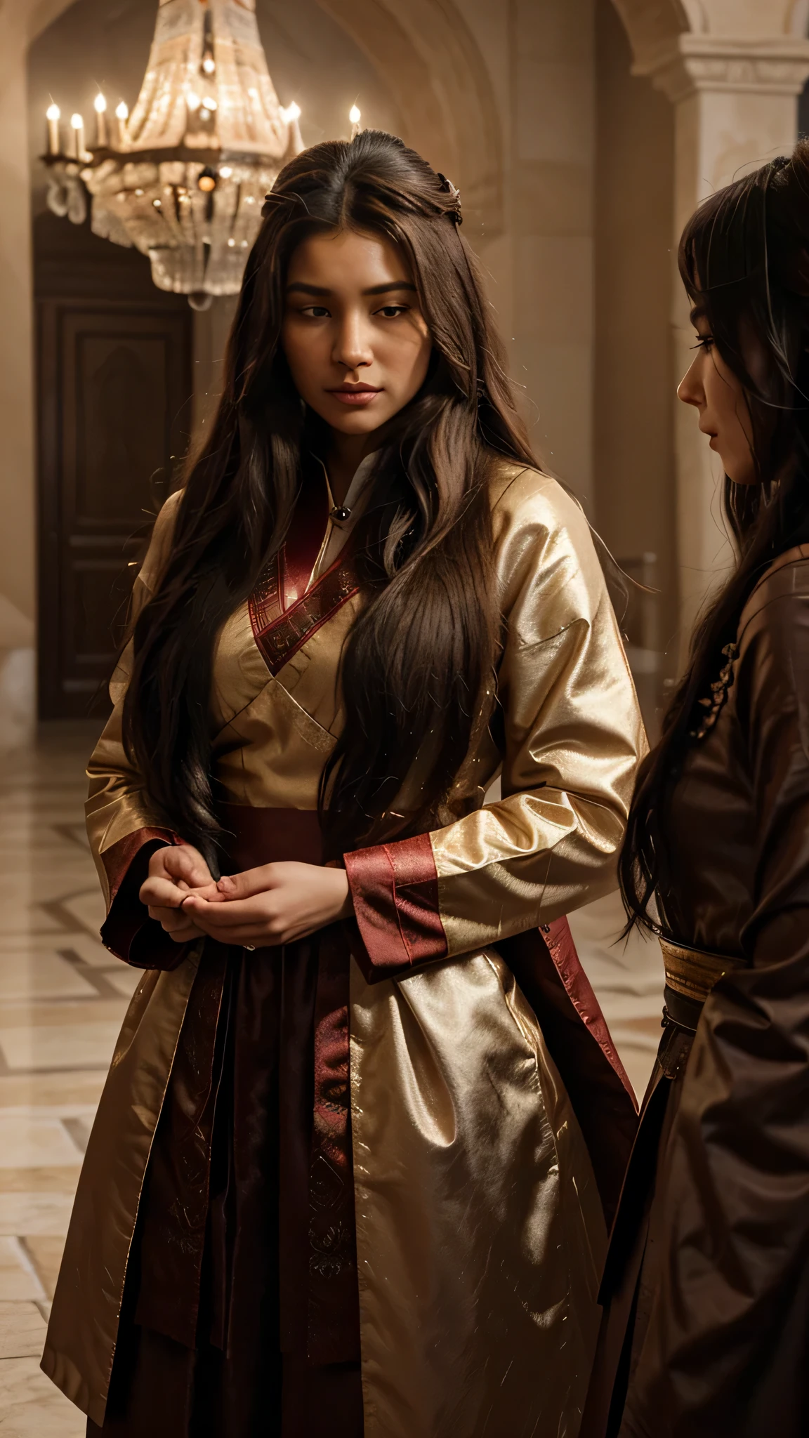 Generate hyper realistic image Illustrate a scene showing Genghis Khan discussing marriage alliances with his daughters.
with hair resembling rich, velvety chocolate. Picture her standing in a dreamlike setting, surrounded by soft, ethereal lighting that accentuates the luscious chocolate tones of her daughter hair. The dreamy atmosphere enhances , creating a captivating scene that transports viewers to a Spanish castle
