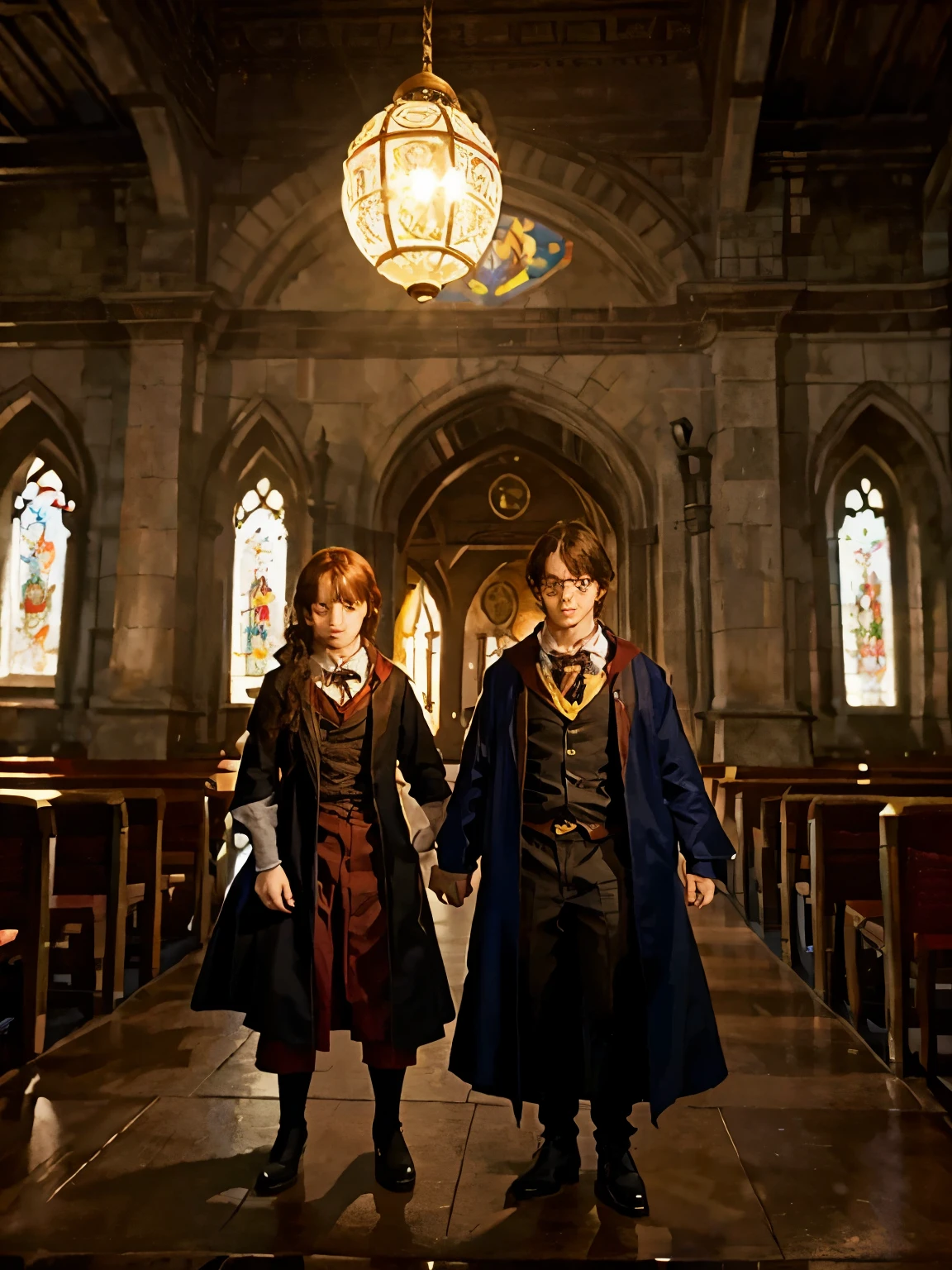 Personagens da serie Harry Potter estilo Pixar felizes na escola
