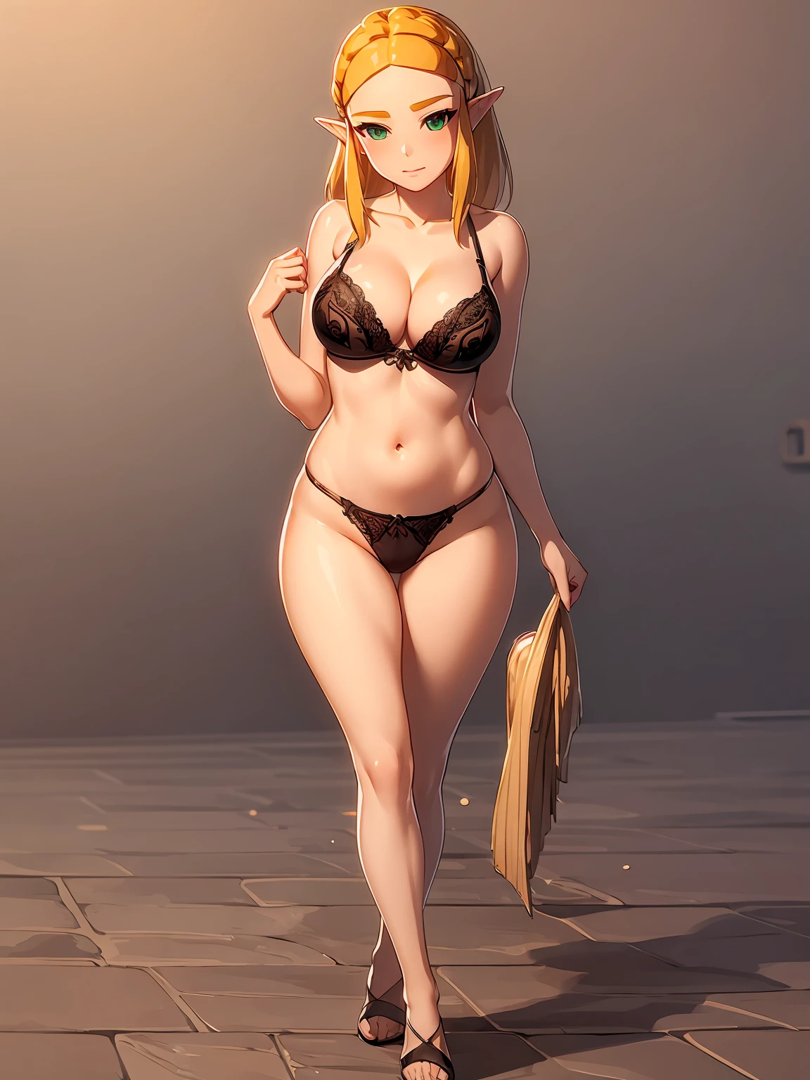 ((masterpiece)),(illustration),(((best quality)),iridescent, high resolution illustration,Amazing,highres,intricate detail, extremely detailed CG unity 8k wallpaper ((zelda)), large breasts, full body, (delicate cute face), blond long hair, lovestruck,(green eyes), smile, joyful, facing viewer, young , narrow waist, young girl, cleavage, 21 year old girl, slutty, seductive, lace lingerie, tight body, nsfw