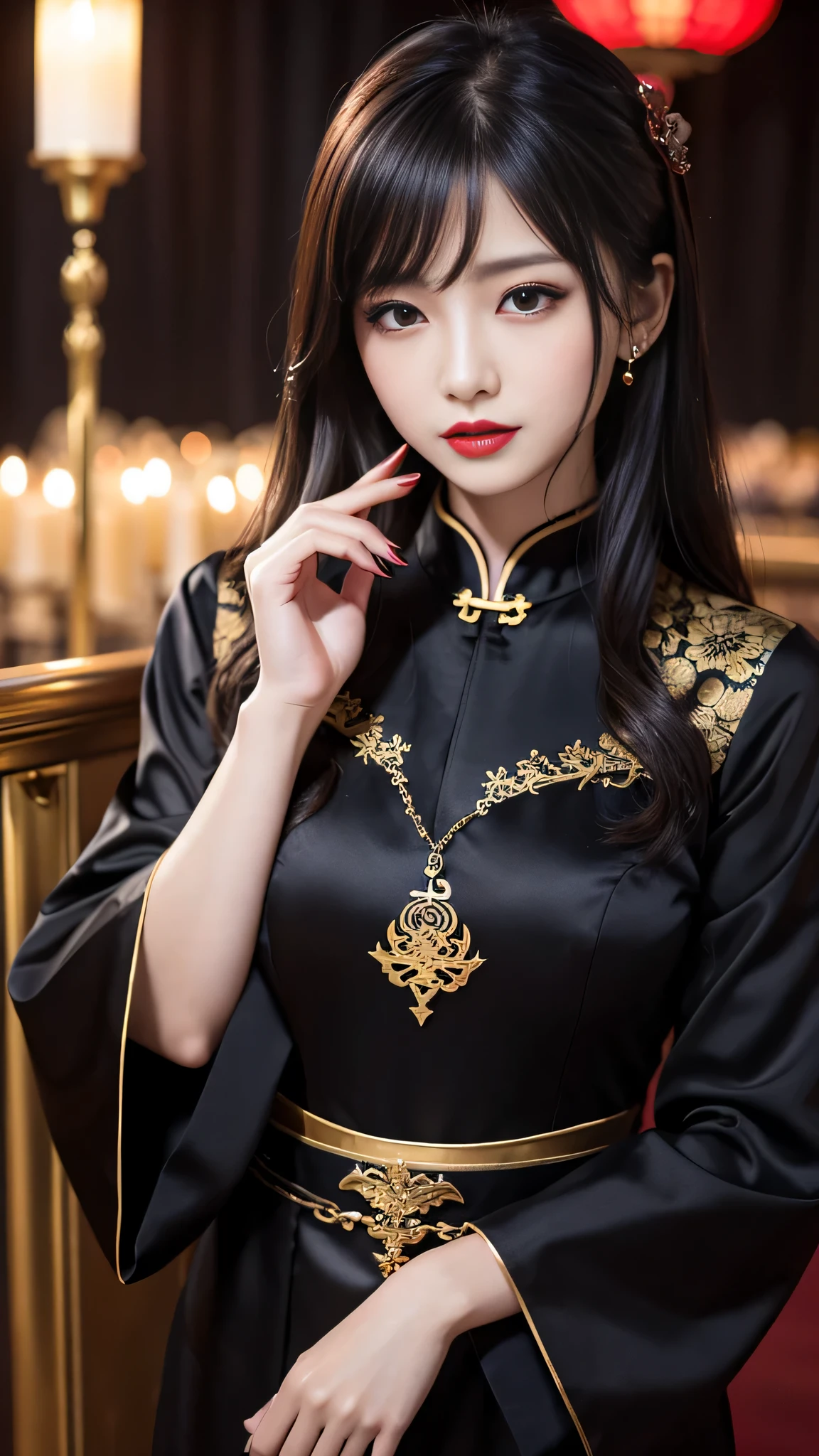 tra-detailed、Japanese、attractive beauty、seductive adult woman、pretty woman、piercing eyes、cool girl、wavy hair、swept bangs、Long Black and Gold Cheongsam、wide sleeves、Evil cadres、evil depravity、brainwash、mind control、lipstick、lip gloss、dark makeup、smirk、whisper in your ear、Evil expression、evil、hollow eyes,half-closed eyes、empty eyes、evil、church at night、vampire、succubus、vampire、Swear allegiance、sexy pose、hair ornaments、