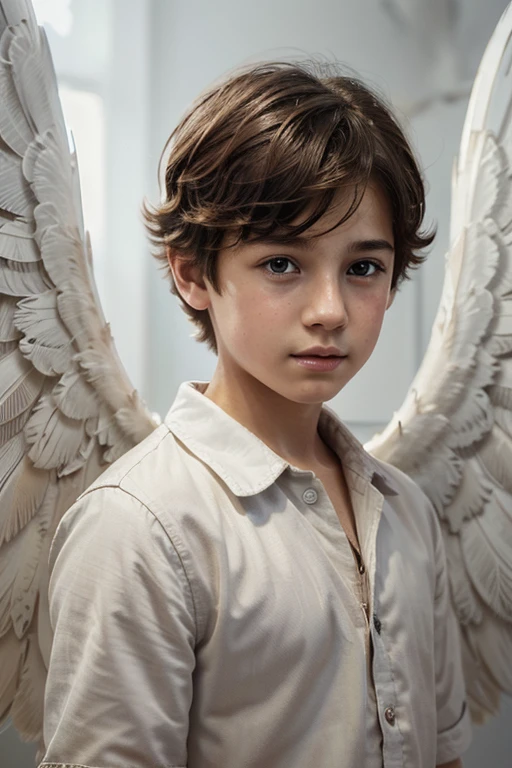 image of a boy angel with a large pair of wings looking forward, official illustration, Artstation art, white boy, beautiful digital illustration, adorable digital painting, beautiful detailed digital art, stylized digital illustration, light curly short hair, realistic painting of a cute angel boy, closeup, stylish character portrait