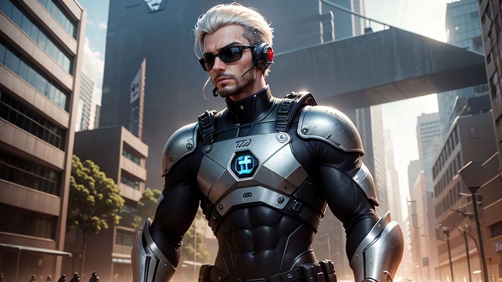 soldado entrando em uma cidade futurista, homem de pele parda, cabelos pretos, olhos castanhos, forte, rosto bonito, ambiente futurista, 3d realista