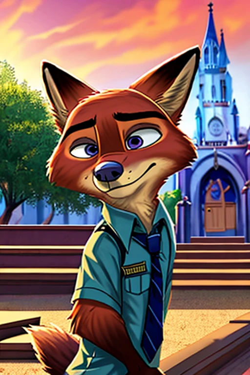 Zorro de dibujos animados con corbata y camisa de policia, 《zootopia》Nick Wilde, Nick Wilde, zootopia style, estilo de película zootopia, Disney zootopia style, zootopia Stairs, primer plano de cuerpo completo, estilo zootopia, Peludo estilo Disney, zoo style, Disney Pixar zootopia, en la ciudad de zootopia, arte conceptual de zootopia