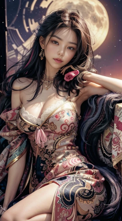 The art depicts a charming woman dressed in a flowing, silky traditional oriental dress, pink, decorated with intricate patterns and bright colors. Her dress drapes elegantly over her curvy figure, accentuating her seductive silhouette. She stood gracefully in the quiet moonlit night, bathed in the soft glow of the moonlight. The scene exudes an ethereal and dreamy atmosphere, with a touch of mystery and sexiness. The graphic style blends watercolor and digital illustration techniques to evoke a refined beauty and charm. The lights are filled with soft moonlight, casting soft highlights and shadows on her charming features. Bare thighs, big breasts, three-dimensional facial features, sitting, upturned legs, clear eyes, Yellow Crane Tower in the distance