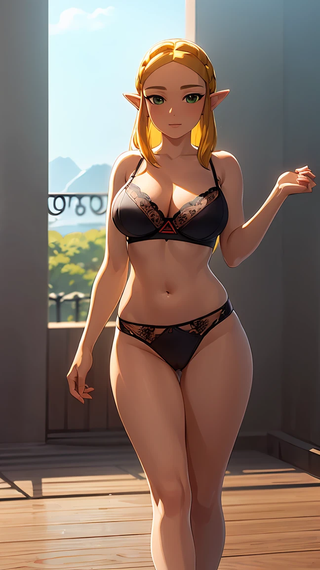 ((masterpiece)),(illustration),(((best quality)),iridescent, high resolution illustration,Amazing,highres,intricate detail, extremely detailed CG unity 8k wallpaper ((zelda)), large breasts, full body, (delicate cute face), blond long hair, lovestruck,(green eyes), smile, joyful, facing viewer, young , narrow waist, young girl, cleavage, 21 year old girl, slutty, seductive, lace lingerie, tight body, nsfw