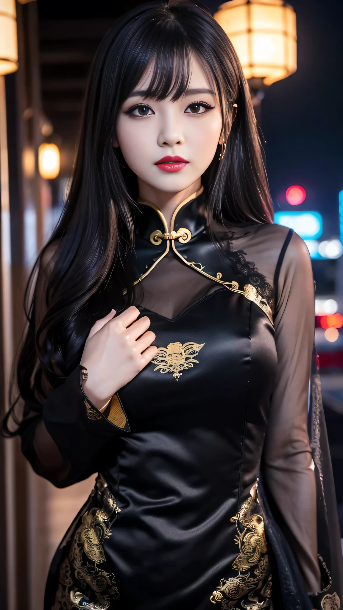 tra-detailed、Japanese、attractive beauty、seductive adult woman、pretty woman、piercing eyes、cool girl、wavy hair、swept bangs、Long Black and Gold Cheongsam、wide sleeves、Evil cadres、evil depravity、brainwash、mind control、lipstick、lip gloss、dark makeup、smirk、whisper in your ear、Evil expression、evil、hollow eyes,half-closed eyes、empty eyes、evil、church at night、vampire、succubus、vampire、Swear allegiance、sexy pose、hair ornaments、