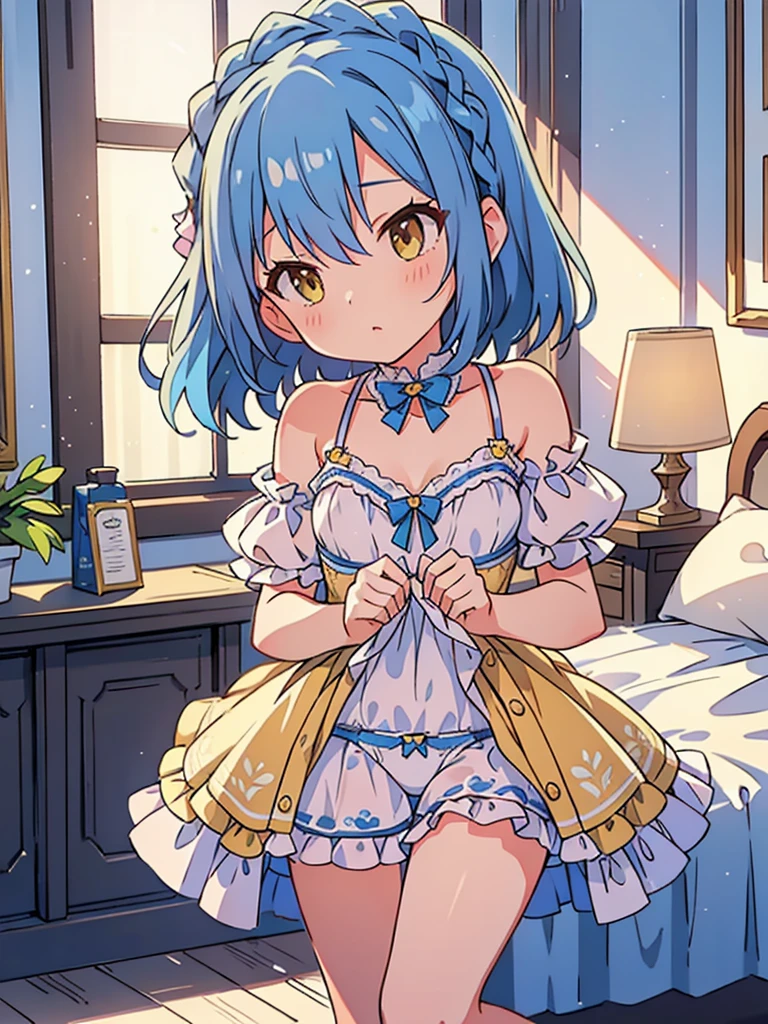 beautiful illustrations, highest quality, pretty girl, 1girl, Bedroom, pastel colour, (two-separated lingerie), blue hair, yellow eyes, cute lingerie, bright lighting