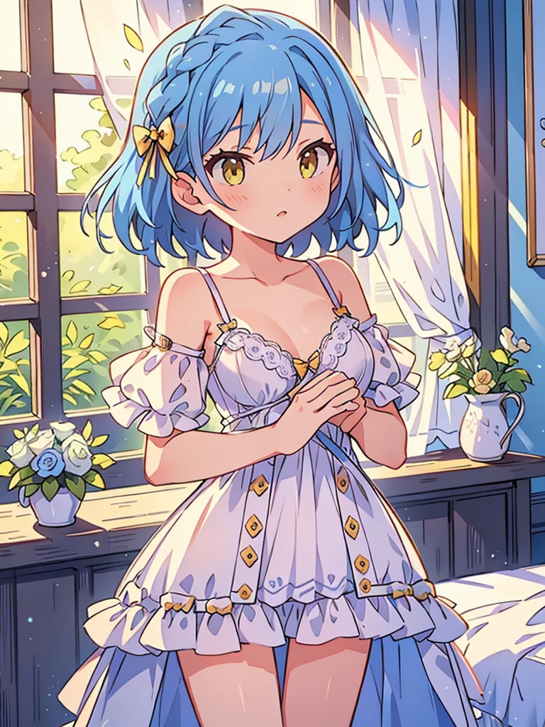 beautiful illustrations, highest quality, pretty girl, 1girl, Bedroom, pastel colour, (two-separated lingerie), blue hair, yellow eyes, cute lingerie, bright lighting
