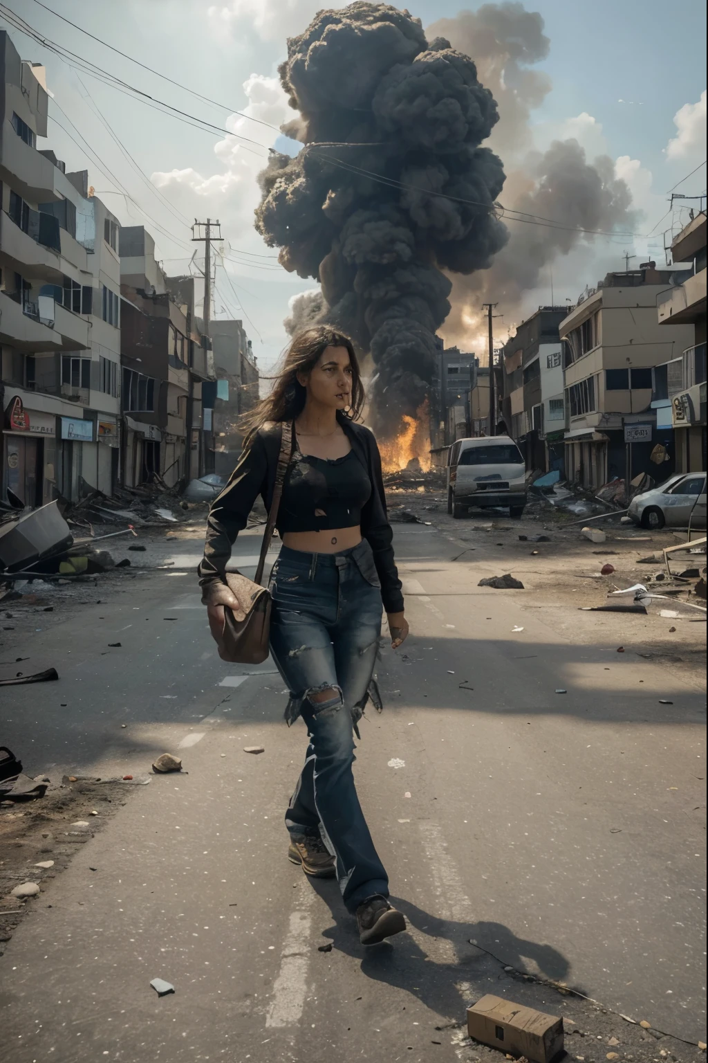 (Best quality, 8k, 32k, Masterpiece, UHD:1.2) Portray a street lined with buildings that have been ravaged by destruction, with some reduced to smoldering ruins and others crumbling under the weight of the devastation. Show flames licking at the remnants of buildings, casting an eerie glow and billowing smoke into the air.
Depict the aftermath of an earthquake, with cracks snaking through the pavement and rubble strewn across the street. Illustrate the chaos and disarray as vehicles lie overturned and debris litters the ground.
Capture the sense of urgency and desperation as survivors navigate the treacherous terrain, seeking safety amidst the destruction. Show people fleeing from the scene, their faces etched with fear and determination as they struggle to escape the chaos.
Use dynamic composition and lighting to convey the scale and severity of the disaster, with dramatic angles and shadows adding to the sense of tension and urgency. Emphasize the contrast between the once-thriving urban landscape and the devastation wrought by the disaster.
Finally, evoke a sense of empathy and concern for the plight of those affected by the disaster, drawing viewers into the scene and encouraging reflection on the fragility of human civilization in the face of natural and man-made catastrophes."