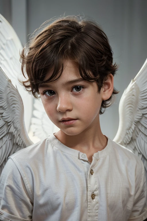 image of a boy angel facing forward with a large pair of wings looking forward, official illustration, Artstation art, white boy, beautiful digital illustration, adorable digital painting, beautiful detailed digital art, stylized digital illustration, short light curly hair, painting realistic of a cute angel boy, closeup, stylish character portrait