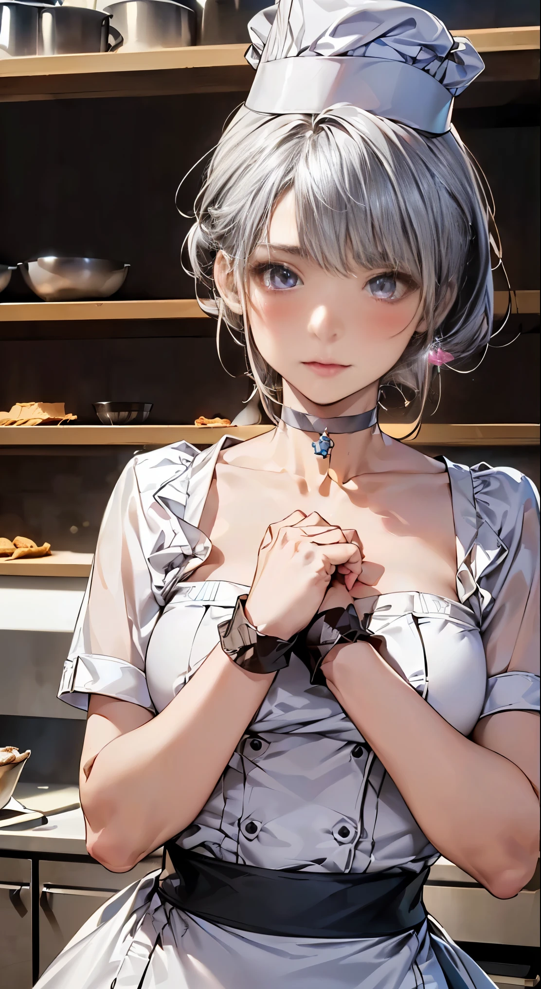 (masterpiece:1.2, highest quality), (realistic, photorealistic:1.4), beautiful illustrations,
looking at the viewer, whole body, Front view:0.6,
1 female, 20-year-old, Japanese, ((Silver hair chignon:1.5, 髪をchef hatに纏める:1.5)), thin waist、beautiful hair, beautiful face, beautiful and detailed eyes, (shining purple eyes:1.3), beautiful clavicle, beautiful body, beautiful breasts, beautiful thighs, beautiful feet, beautiful fingers, perfect anatomy:1.3, perfect anatomy
(kitchen:1.3)
((Pastry chef costume:1.5, chef hat:1.4, choker:1.6)),
((Grab the hem of your skirt with your right hand, put your left hand on your chest,)),
(Look at the viewer while blushing:1.3)