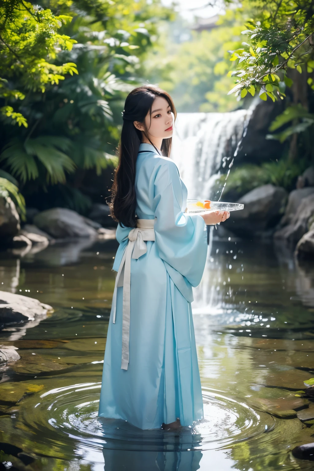 A woman, clad in a logo Nam Gye-u hanbok, stands by a glistening galvanized metal basin, filling it up with crystal-clear water. The intricate details of her traditional Korean attire, with its vibrant colors and elegant lines, are accentuated under the soft, warm light. Her expression is peaceful and focused as she pours the water, the liquid reflecting her calm and serene demeanor. The scene is reminiscent of a video art piece, capturing the beauty and tranquility of everyday rituals. Her long, dark hair cascades down her back, adding to the atmosphere of stillness and grace. The authentic textures and high-res